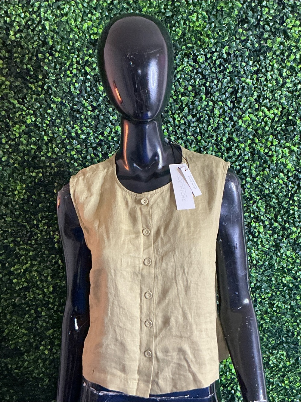 Rachel Zoe Olive Green Linen Button-Front Sleeveless Top - Picture 9 of 10